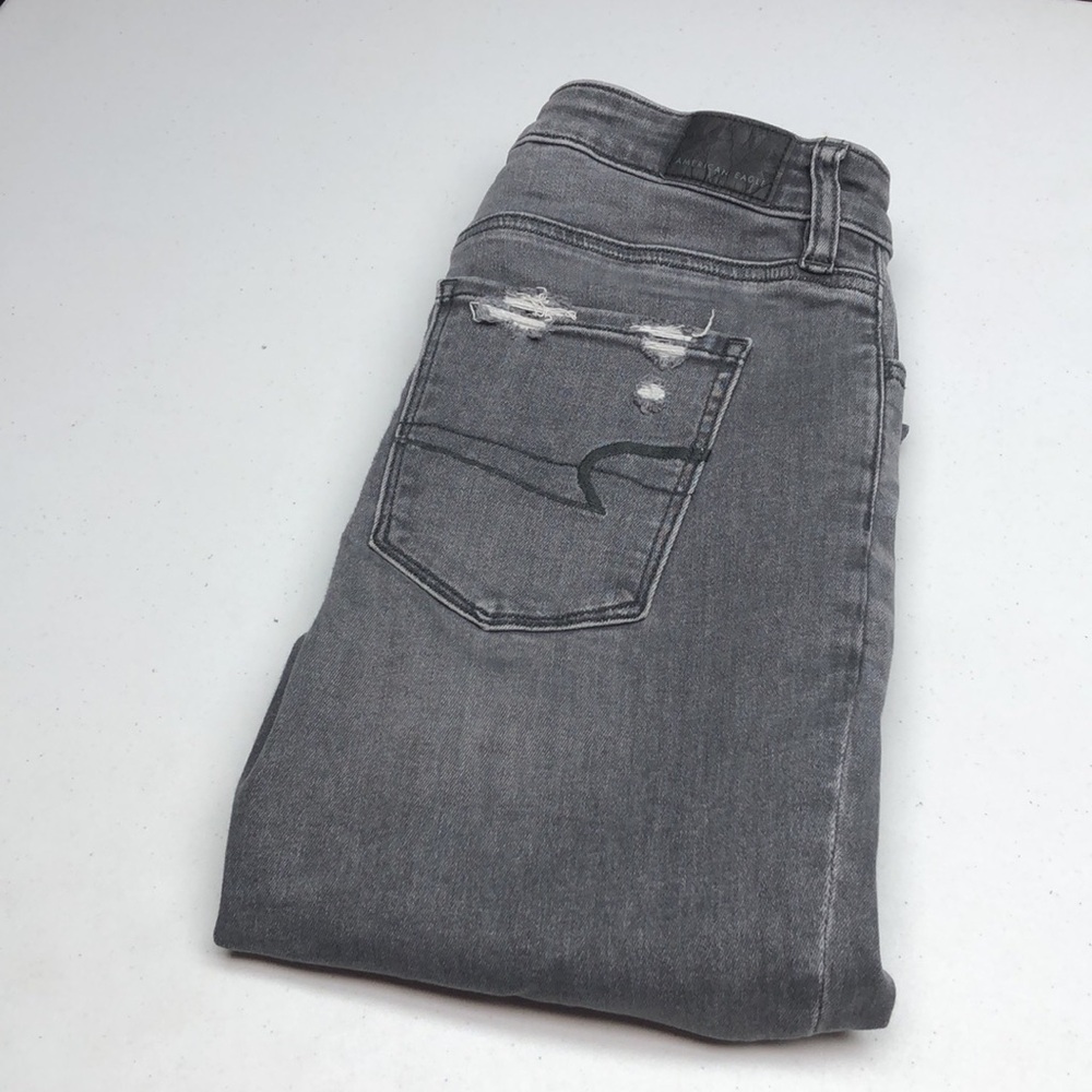 DISTRESS AMERICAN EAGLE GRAY SUPER HI-RISE JEGGING JEANS 4/27x28 ⭐